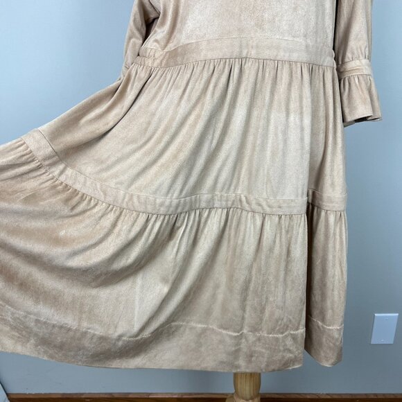 Gretchen Scott Dress Womens Large Beige Teardrop Ultra Suede Tiered Ruffle 3/4 - Picture 5 of 12